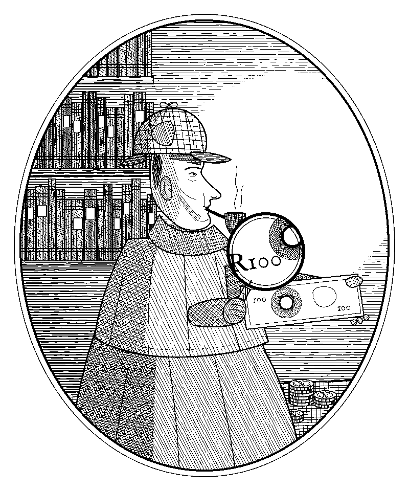 Engraving-style sketch of a detective in a deerstalker examining a banknote with a magnifying glass